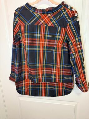 J. Crew Red, Black & Blue Plaid Button-Down with Shoulder Embellishment